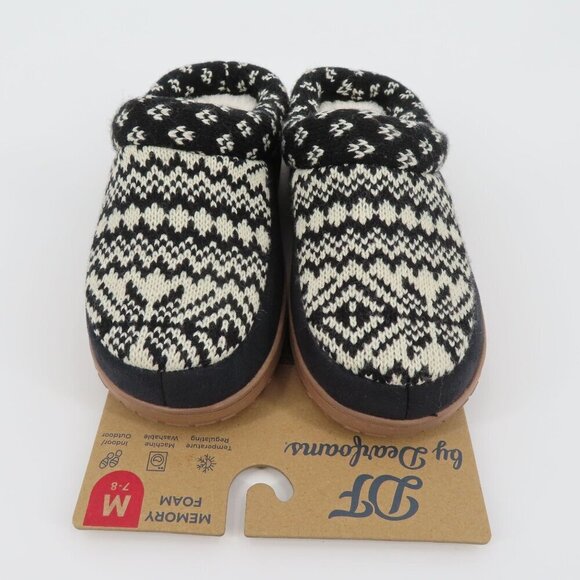 Dearfoams Medium 7-8 Black Cream Knit Memory Foam Indoor Outdoor Slippers NEW - Picture 2 of 14